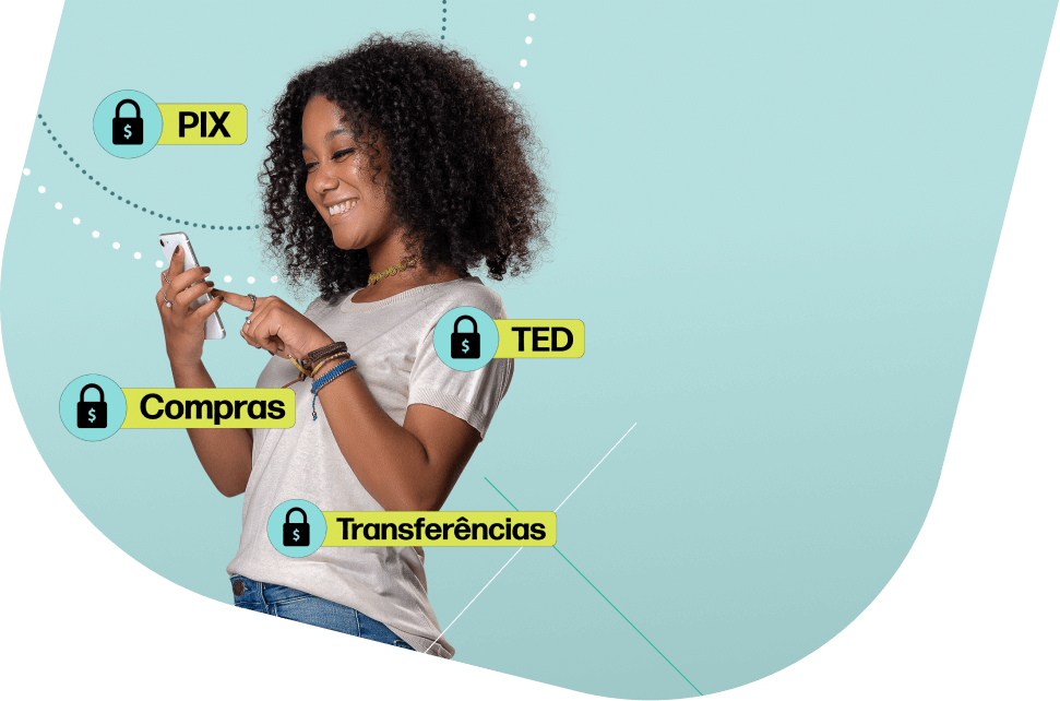 Mulher negra, de cabelo preto e expressão sorridente, segurando um celular. Está de perfil, usando uma camiseta branca de manga curta, uma calça jeans e algumas pulseiras e anéis. Sobre a imagem, há as palavras "Pix", "TED", "Compras" e "Transferências", cada uma acompanhada de um ícone de cadeado com cifrão