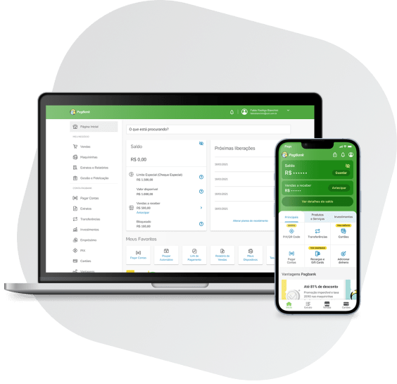 Imagem da tela inicial do PagBank nos formatos para computador e aplicativo.