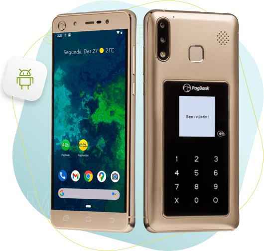 Imagem do PagPhone dourado mostrando a tela inicial e a parte traseira com a maquininha embutida