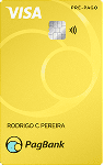 Cartão Pré-Pago Visa PagBank amarelo exibido em tabela comparativa de cartões PagBank, com destaque para recarga com valor personalizado e uso em compras nacionais e internacionais.