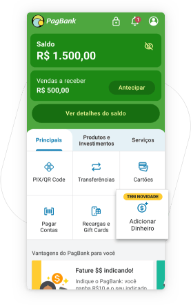 Abra o app e selecione a opção <strong>Adicionar Dinheiro</strong>