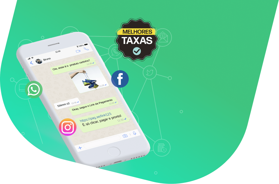 Link de Pagamento sendo compartilhado via conversa no celular. Ao redor do celular há os ícones das redes sociais Whatsapp, Facebook e Instagram e o selo Melhores taxas.