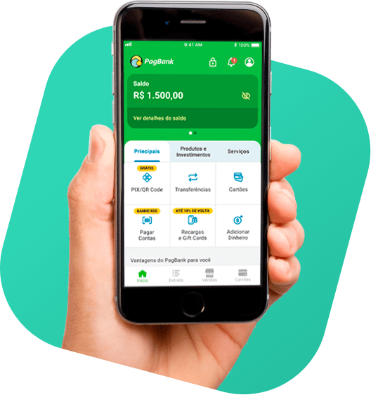 Celular com a tela do app PagBank