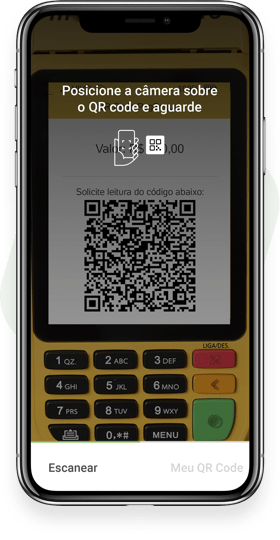 Aproxime a câmera do celular para escanear o QR Code, e depois escolha a forma de pagamento.