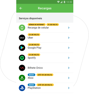 Imagem do app PagBank com os seguintes serviços disponíveis: Recarga de celular, Uber, Spotify e Google Play
