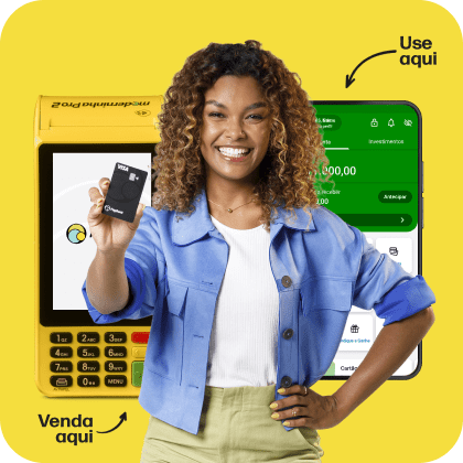 Mulher preta segura um cartão PagBank ao lado de uma maquininha Moderninha Pro 2 e um celular com o app do PagBank aberto, representando as soluções completas do PagBank: maquininha, cartão de crédito e débito, pré-pago e banco digital com tudo que você precisa.