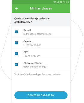 Selecione a chave que deseja cadastrar e clique em Começar cadastro.