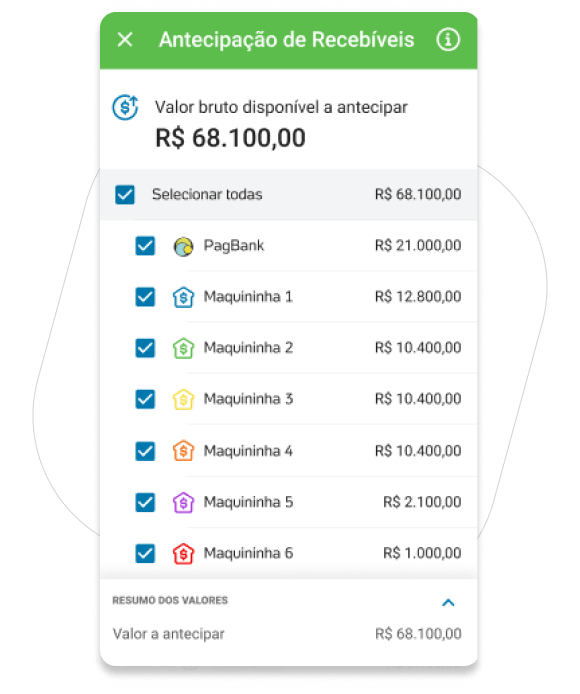 Escolha as maquininhas que quer antecipar os recebíveis e toque em Antecipar