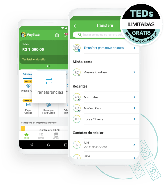 Tela do app PagBank exibindo opção de TEDs gratuitas e ilimitadas para qualquer banco.