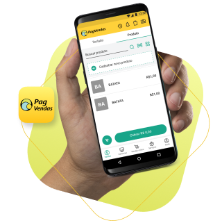 Celular com o aplicativo PagVendas aberto. Na tela há a lista de produtos do estabelecimento e as opções de buscar produto ou cobrar.