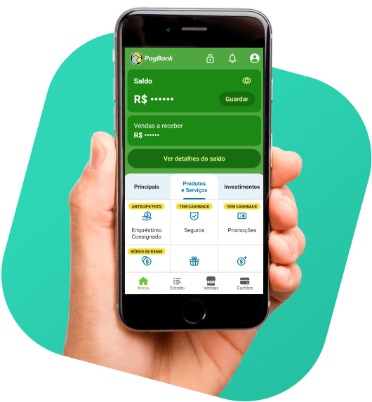 Celular com a tela do app PagBank