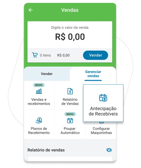 Entre em Vendas, depois em Gerenciar Vendas e toque em Antecipação de Recebíveis