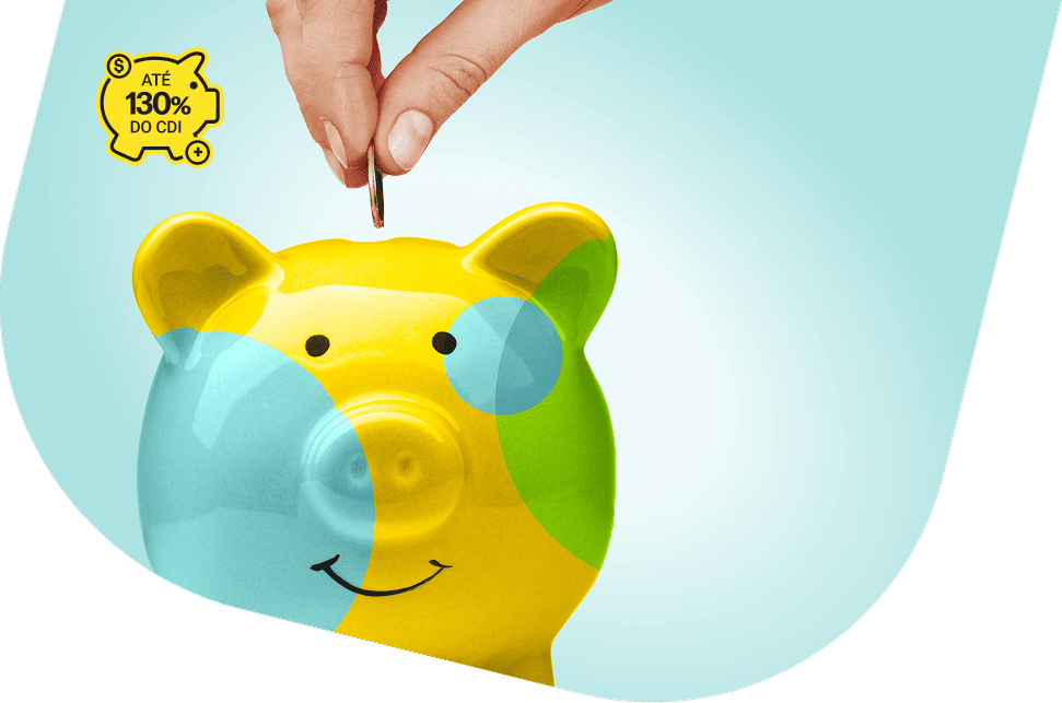 Mão colocando moeda em cofrinho amarelo com selo até 130% do CDI, destacando recurso Cofrinho do PagBank para economizar e render mais que a poupança.