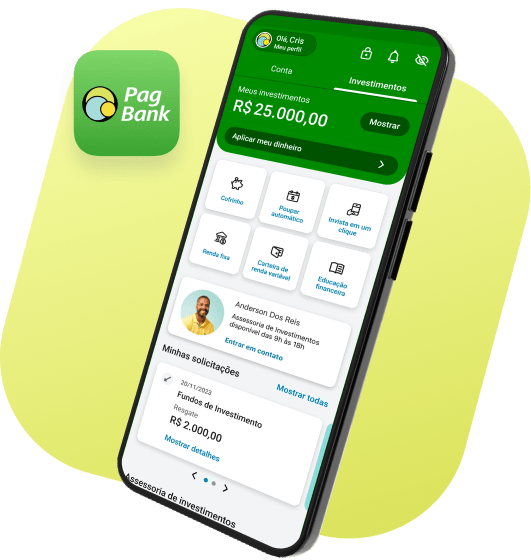 Imagem de um smartphone exibindo a tela do aplicativo PagBank na aba de investimentos, sobre um fundo amarelo com o logotipo do PagBank ao lado. A interface do app mostra um saldo de R$ 25.000,00 investidos, com um botão para aplicar dinheiro. Abaixo, há seis opções de investimento organizadas em ícones: Cofrinho, Poupar automático, Investir em um clique, Renda fixa, Carteira de renda variável e Educação financeira.