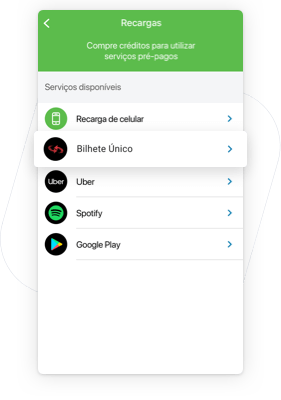 Escolha o serviço que deseja recarregar selecionando a opção Bilhete Único