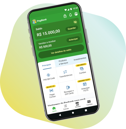 Celular com o aplicativo PagBank aberto na tela inicial.