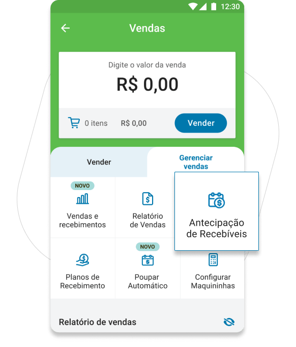 Entre em Vendas, depois em Gerenciar Vendas e toque em Antecipação de Recebíveis