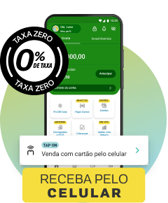 A imagem mostra um smartphone com o aplicativo PagBank aberto, exibindo um saldo de R$ 5.000,00. O selo "TAXA ZERO" está destacado no topo, indicando que não há cobrança de taxas para realizar a transação. A funcionalidade "Venda com cartão pelo celular" do Tap On está visível na tela, permitindo que o usuário realize vendas diretamente pelo celular. A parte inferior da imagem destaca a mensagem "RECEBA PELO CELULAR", reforçando a conveniência de receber pagamentos diretamente no dispositivo móvel. O fundo da imagem apresenta um gradiente suave, em tons de verde e amarelo.