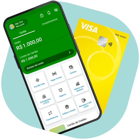 A imagem mostra um smartphone com a tela do aplicativo PagBank, exibindo saldo de R$1.000,00 e limite de cartão de R$1.000,00. Ao lado, há um cartão pré-pago bandeira Visa do PagBank, com a funcionalidade de pagamento por aproximação (NFC).