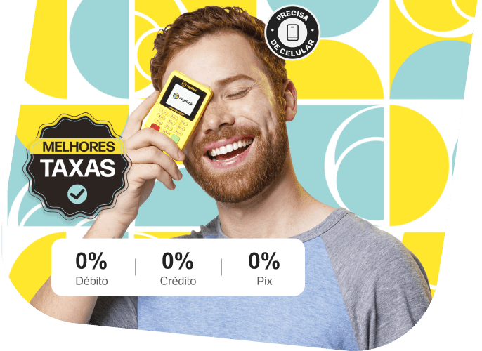 Homem ruivo sorridente segura a Minizinha NFC 2 em frente ao olho, destacando o tamanho compacto e o estilo moderno da maquininha PagBank. À frente, bloco com taxas: Débito 0%, Crédito 0% e Pix 0%. Ao lado, selo 'Melhores taxas' e selo 'Precisa de celular'. Imagem decorativa da página do produto Moderninha NFC 2.