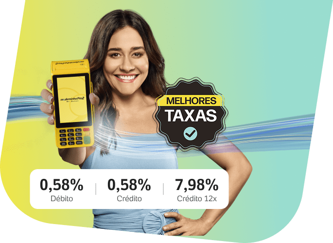 Atriz Alessandra Negrini, com blusa azul clara sob fundo degrade, segura a Moderninha Pro 2. À frente, bloco com taxas: Débito 0,58%, Crédito 0,58% e Crédito 12x 7,98%. Ao lado, selo 'Melhores taxas'. Imagem decorativa da página do produto Moderninha Pro 2.