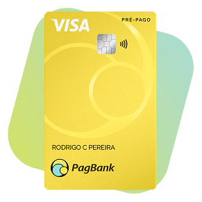 Cartão Pré-Pago Visa PagBank amarelo com tecnologia contactless, ideal para controle de gastos e compras no débito sem necessidade de conta bancária. Perfeito para quem busca praticidade e segurança em pagamentos digitais.