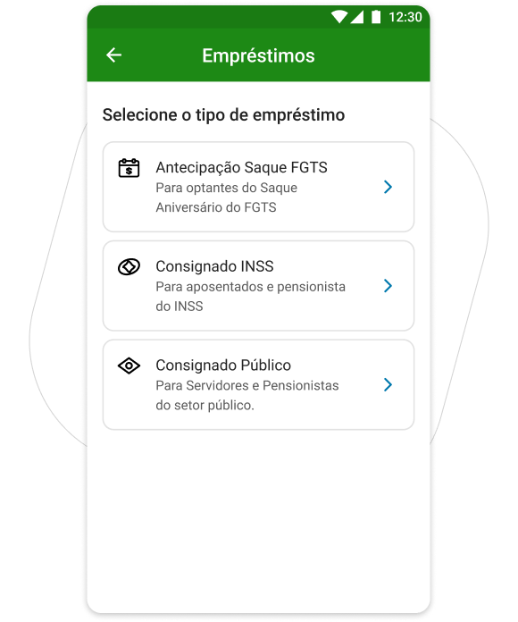 Tela do PagBank para escolher Antecipação Saque FGTS como tipo de empréstimo.