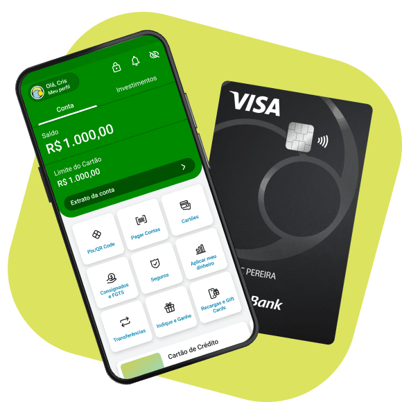 Celular com aplicativo do PagBank aberto ao lado de um cartão PagBank.