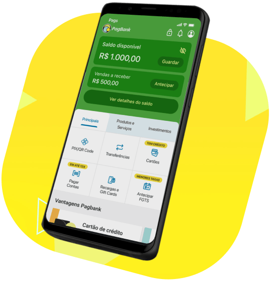 Imagem de um celular com o app pagbank aberto.