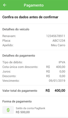 Tela aplicativo PagBank, pagamento do IPVA, passo 3