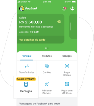 Imagem do app PagBank com o aba de Recargas selecionada