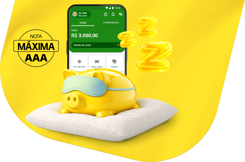 Cofrinho PagBank dormindo sobre um travesseiro, transmitindo tranquilidade e segurança, com aplicativo PagBank ao fundo e selo de nota máxima AAA, representando o Cofrinho PagBank para guardar dinheiro com rendimento.