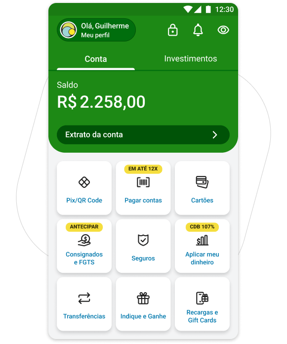 Tela do app PagBank com saldo e opção Consignados e FGTS para antecipar saque-aniversário FGTS.