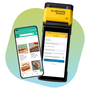 Celular com cardápio aberto ao lado de uma maquininha modelo Moderninha Smart 2 mostrando o link da loja online para compartilhar com clientes.
