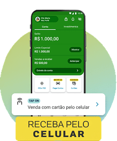 A imagem mostra um smartphone com o aplicativo PagBank aberto, exibindo um saldo de R$ 1.000,00. A funcionalidade "Venda com cartão pelo celular" do Tap On está visível na tela, permitindo que o usuário realize vendas diretamente pelo celular. A parte inferior da imagem destaca a mensagem "RECEBA PELO CELULAR", reforçando a conveniência de receber pagamentos diretamente no dispositivo móvel. O fundo da imagem apresenta um gradiente suave, em tons de verde e amarelo.
