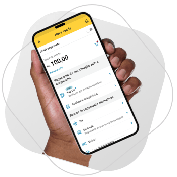 Celular com a tela do aplicativo PagVendas aberto mostrando o valor da venda e as formas de pagamento disponíveis.