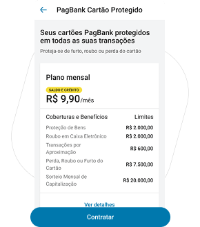 Confira as coberturas, os valores e toque em Contratar
