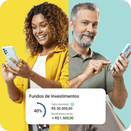 Pessoas utilizando smartphones ao lado de informações sobre fundos de investimento no PagBank, com destaque para valor investido de R$ 50.000,00, rendimento bruto de R$ 1.500,00 e evolução de 40%.