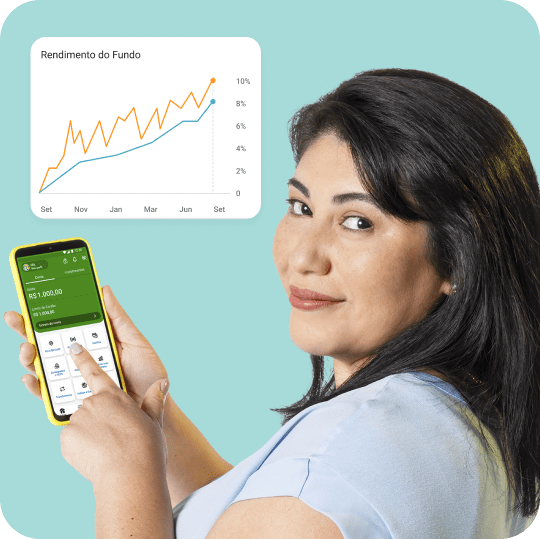 Pessoa segurando um smartphone com o aplicativo PagBank aberto. Ao lado, há um gráfico de rendimento de fundo de investimento mostrando evolução positiva ao longo dos meses.
