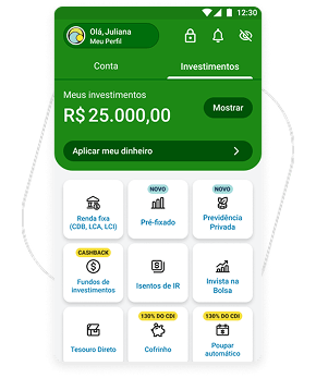 Tela de investimentos do aplicativo PagBank com saldo disponível e opções de aplicação.