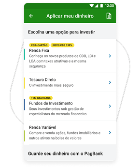 Tela do aplicativo PagBank para seleção de investimentos, apresentando opções de renda fixa, Tesouro Direto, fundos de investimentos com cashback e renda variável.