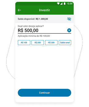 Tela do aplicativo PagBank para realizar um investimento, exibindo valor de aplicação de R$ 500,00, saldo disponível de R$ 1.300,00 e botão para continuar a operação.