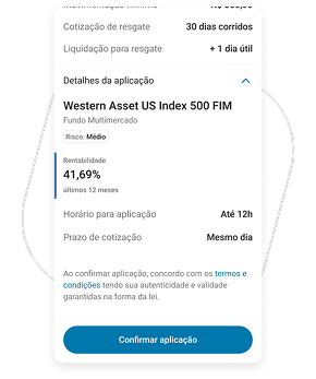 Tela do aplicativo PagBank exibindo os detalhes de uma aplicação no fundo de investimento Western Asset US Index 500 FIM, com rentabilidade de 41,69% nos últimos 12 meses, risco médio e botão para confirmar a aplicação.