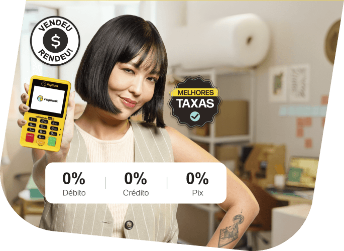 Mulher com cabelo curto e franja segura a Minizinha Chip 3, destacando o design compacto e moderno da maquininha PagBank. À frente, bloco com taxas: Débito 0%, Crédito 0% e Pix 0%. Ao lado, selo 'Melhores taxas' e selo 'Vendeu Rendeu'. Imagem decorativa da página do produto Moderninha Chip 3.