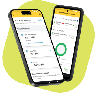 Dois celulares lado a lado, ambos com o aplicativo PagVendas aberto. A tela de um deles mostra o total bruto vendido, o custo total e o lucro de um estabelecimento, enquanto a tela do outro mostra um gráfico com relatório geral de vendas.
